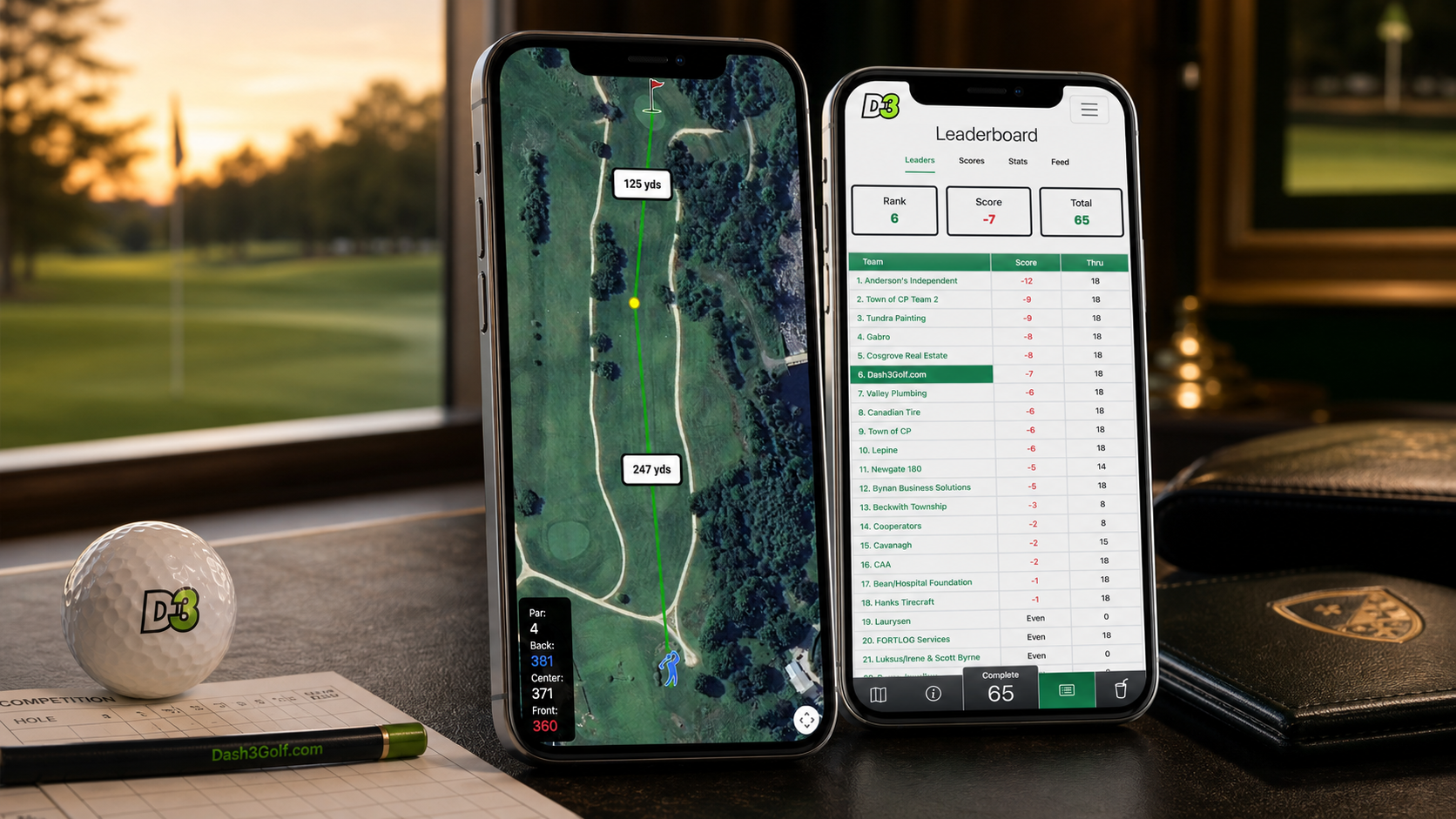 Dash3 live gameplay map and tournament leaderboard displayed on two phones at a golf course
